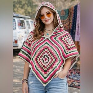 Vintage Crotchet Knitted Granny Square Blanket Hooded Poncho Shawl Size One Size